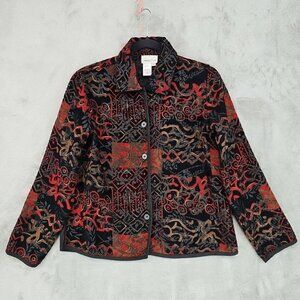 Coldwater Creek Reversible Jacket Womens PXS Black Brocade Button Boho Classic